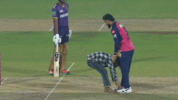 Fan Invades Pitch, Touches Feet of Riyan Parag During RR vs KKR IPL 2025 Match in Guwahati [WATCH]