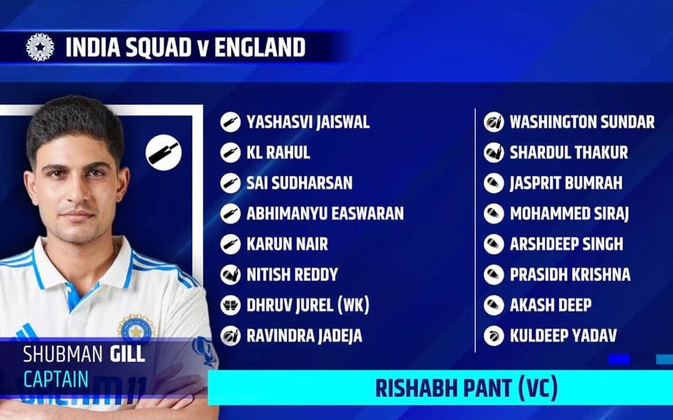 India Test squad England tour 2025 Shubman Gill captain
