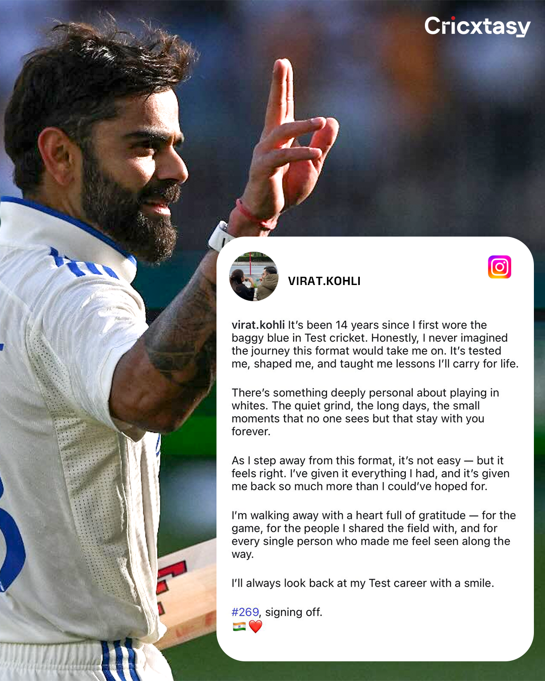 Virat Kohli retires from Test cricket instagram post