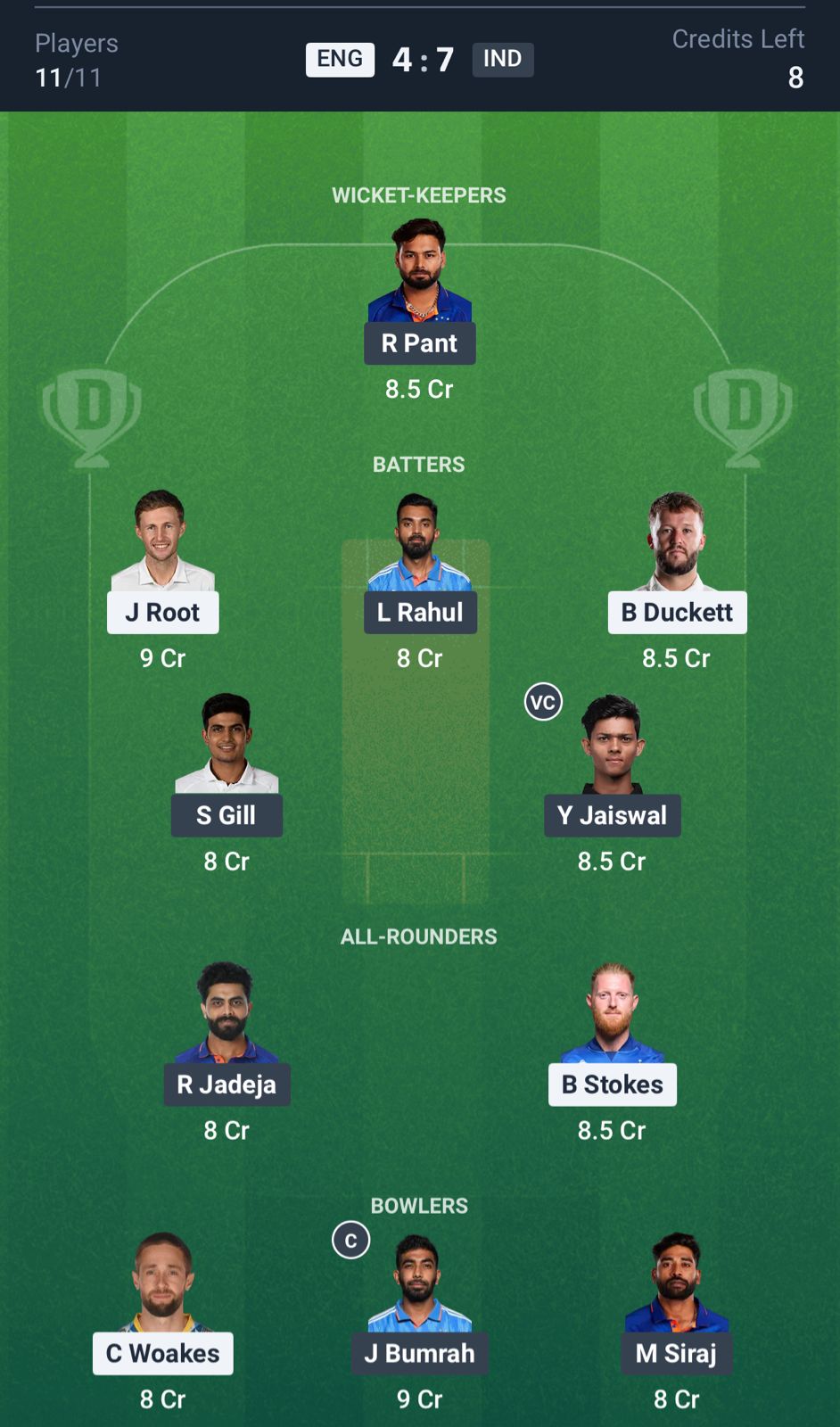 ENG vs IND Dream11 Prediction, 1st Test Grand League Team