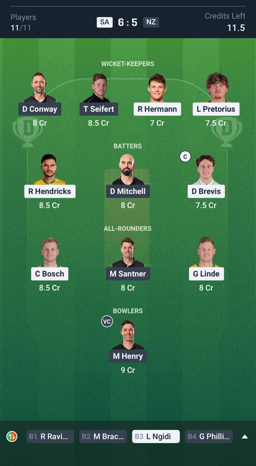 SA vs NZ Dream11 Prediction, Tri-nation series 2025 MATCH 2 Small League Team