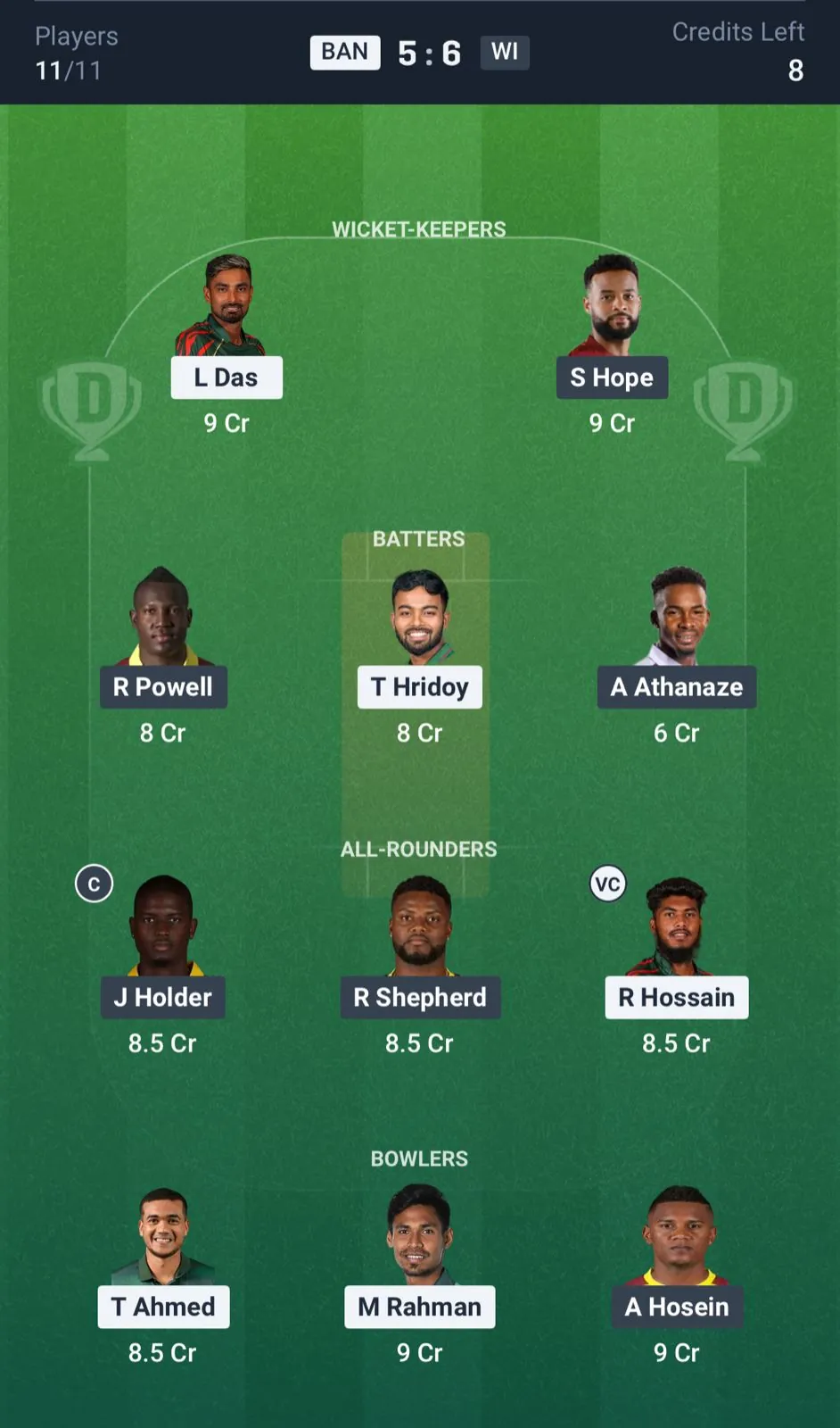 BAN vs WI Dream11 Prediction Today, 2nd T20I Team