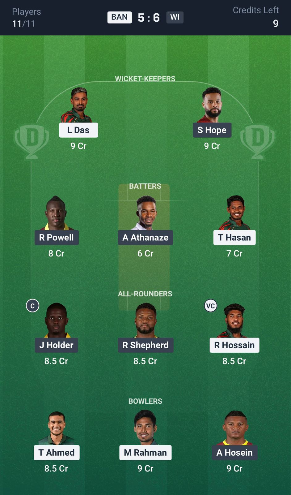 BAN vs WI Dream11 Prediction Today, 3rd T20I Team